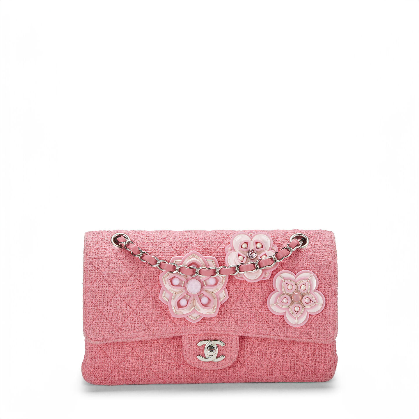 CHANEL PINK TWEED FLORAL CLASSIC DOUBLE FLAP MEDIUM